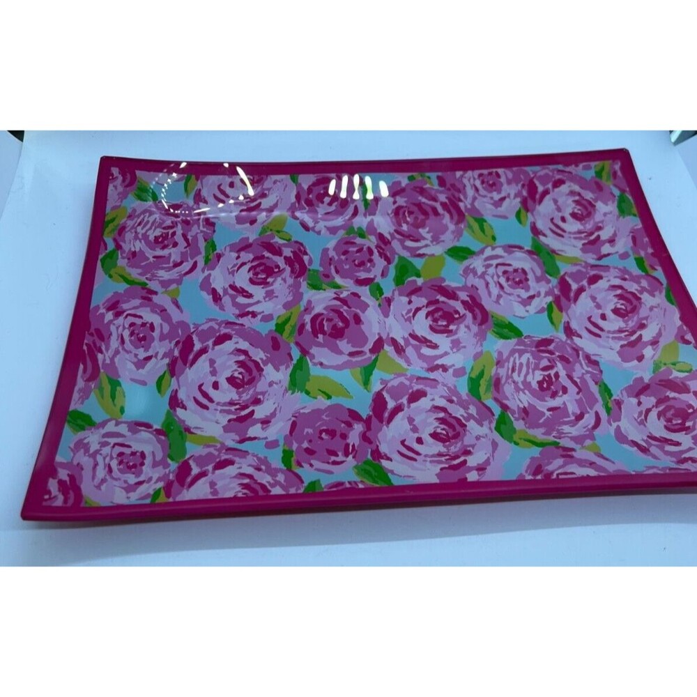 Lily Pulitzer 12x8" Glass Serving Tray Flowers desk Pink Roses decor dorm green